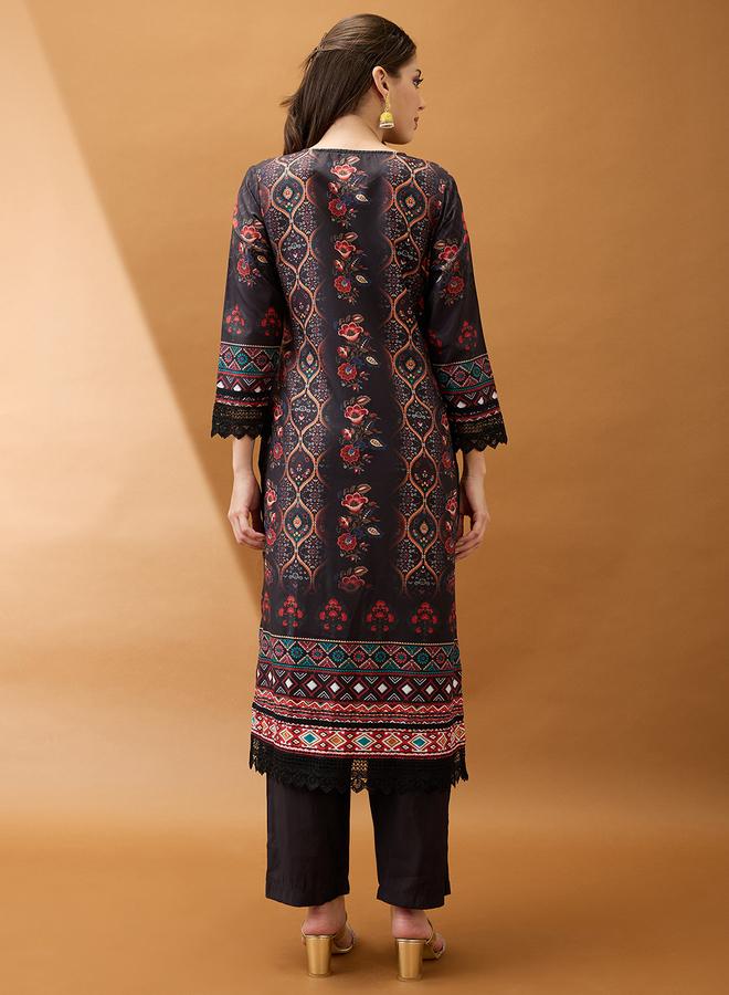 globus Women Black Floral Print Lace Insert Kurta with Pant Set - Image 2